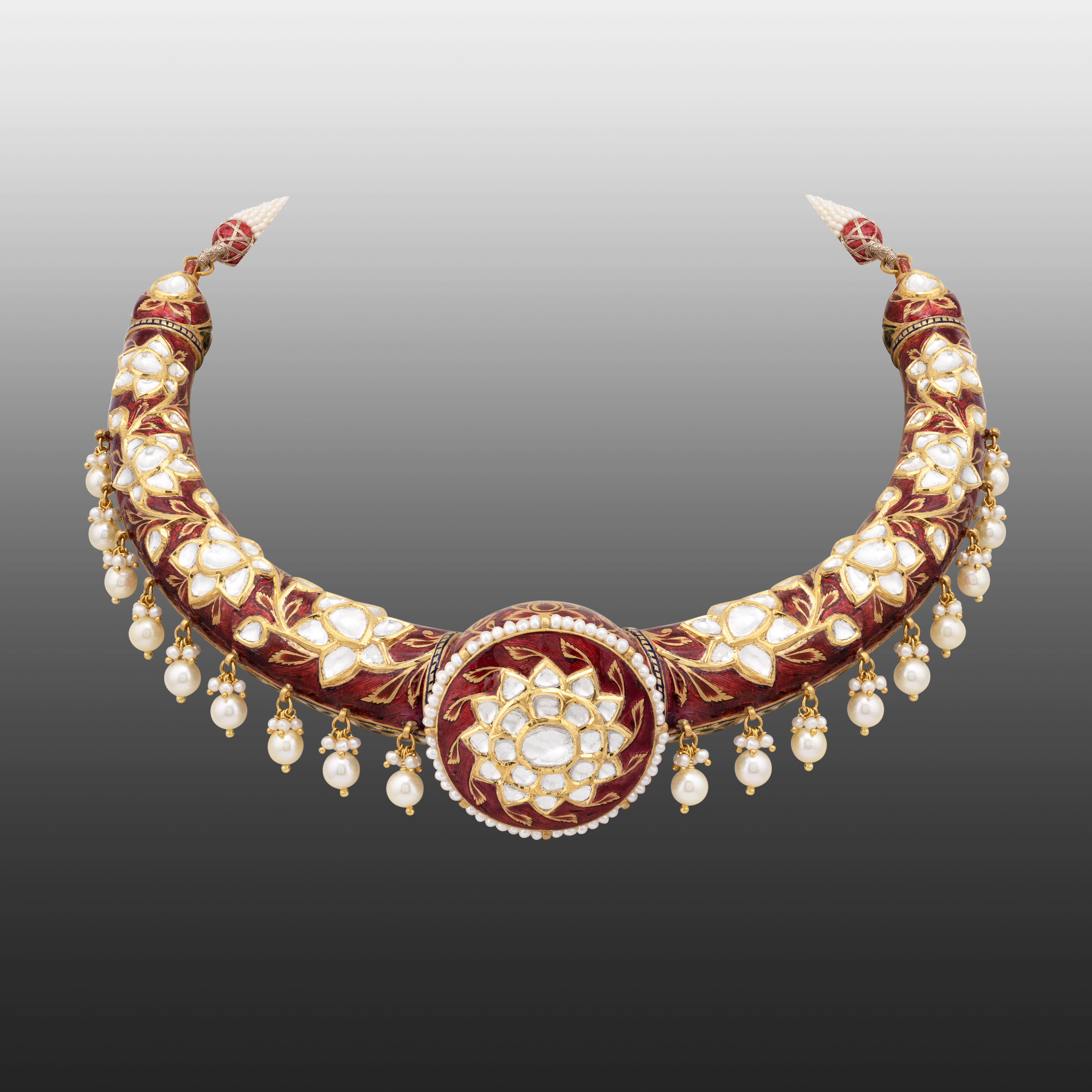 Floral Polki Hasli in Red Enamel with Pearl Drops